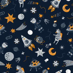 Fototapeta na wymiar Baby seamless pattern with planets, stars and spaceship