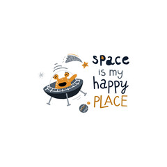 cute alien in spaceship. Vector illustration on the cosmic theme in childish style