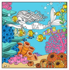 Beautiful little mermaid girl swim with fishes on underwater world with corals and anemones page for coloring