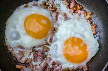 Top view of two eggs sunny side up with bacon in a frying pan as part of breakfast