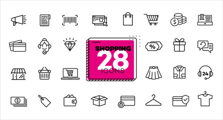 Shopping icons set. Line, flat, vector icons for mobile applications, buttons and website design. Illustration isolated on white background. Collection modern logo, app, infographic with EPS 10 format