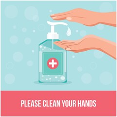Please Clean Your Hands Sign Notice Self-Adhesive. Hand sanitizer. Personal hygiene, healthcare. Disinfection, Antibacterial washing. Virus prevention and protection. Clean your hands 