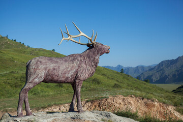 Obraz premium A statue of a maral deer on a mountain top in the Altai Republic against a background of blue sky and green grass. Photo during a trip to Russia in the summer.
