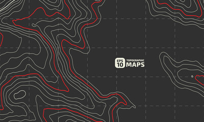 Stylized height of the topographic contour in lines and contours on a dark background. The concept of conditional geographical pattern and topography. Wide size. Vector illustration.