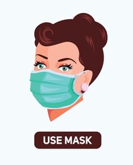Woman wear mask vector. Vector Wear Face Mask sign for women. Warning sign recommend use of protective face mask in prevention vs virus infection in health care. Coronavirus protection mask