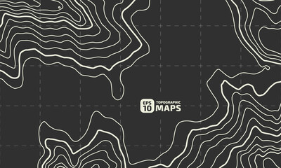 Stylized height of the topographic contour in lines and contours on a dark background. The concept of conditional geographical pattern and topography. Wide size. Vector illustration.