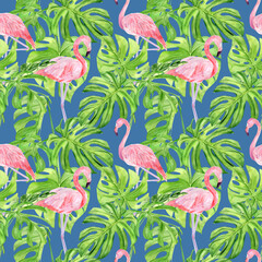 Watercolor illustration seamless pattern of tropical leaves and pink flamingo. Perfect as background texture, wrapping paper, textile or wallpaper design. Hand drawn