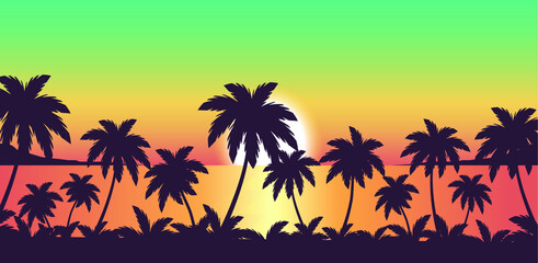 Fototapeta na wymiar palm trees on tropical sunset beach, vector seascape illustration