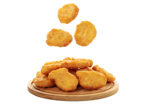 Wooden board with chicken nuggets isolated on white background