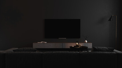 Blank TV screen in modern dark interior with gray sofa in darkness mock up, front view. TV in living room interior background, empty TV display template, 3d render - obrazy, fototapety, plakaty
