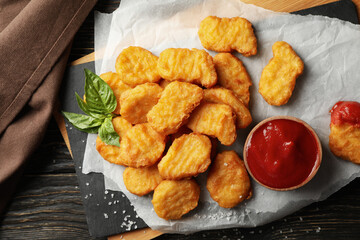 Composition with chicken nuggets and ketchup on wooden background