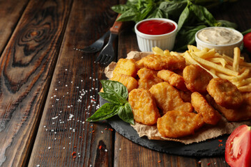 Composition with chicken nuggets, sauces and potato on wooden background