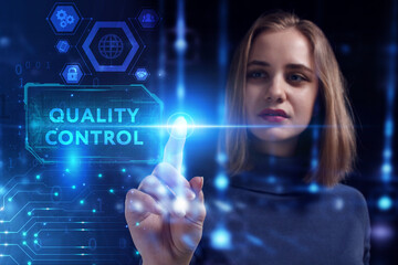 Business, Technology, Internet and network concept. Young businessman working on a virtual screen of the future and sees the inscription: Quality control