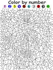 Educational pirate color by number stock vector illustration. Pirate with skull hat, eye patch, big nose and grand beard children coloring page. Cartoon character printable worksheet for kids