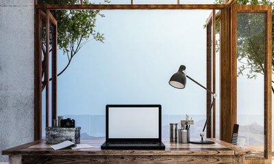 The new normal mock up interior design of modern house and apartment and home studio office and working station and desktop computer and brick wall pattern texture background and sea view 