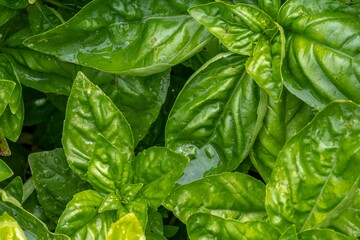 Fresh basil plant in the foreground