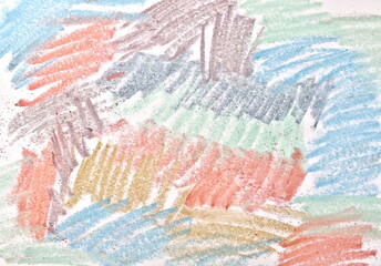 Grunge colorful chalk drawing, scribble on white background and texture