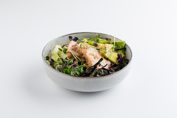 Asian style poke bowl with chicken and vegetables