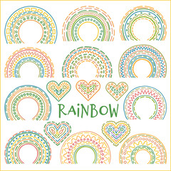 Rainbow doodle set. Cute pastel colors. Vector illustrations in hand drawn style for posters, prints, cards, fabric, children's books.