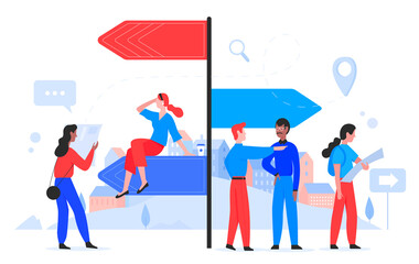 Choose way concept vector illustration. Cartoon flat people standing on crossroad next to signpost guide with arrows, making choice of path for future achievements, character choosing right pathway
