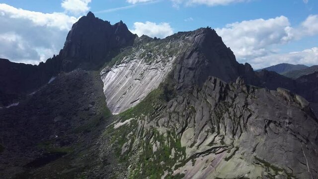 Amazing aerial view of the rock bird pass on the Ergaki ridge in Siberia.