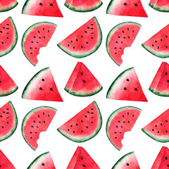 Seamless pattern with watermelon on white background. Watercolor illustration.