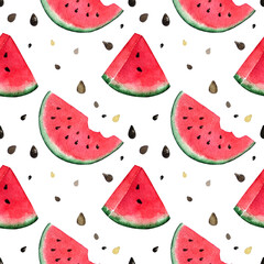 Seamless pattern with watermelon with seeds on white background. Watercolor illustration.