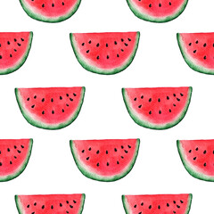 Seamless pattern with watermelon on white background. Watercolor illustration.