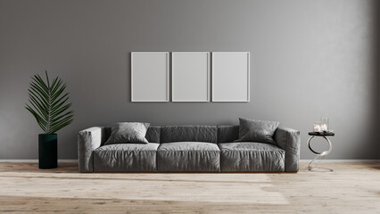 blank poster frames in bright modern living room with gray sofa, green plant and coffee table on wooden laminate. Scandinavian style, cozy interior background. Bright stylish room mock up. 3d render