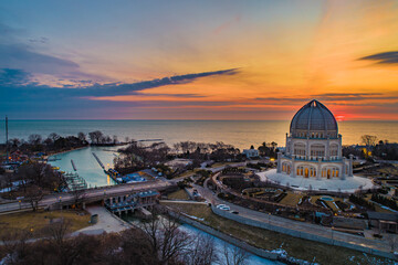 Aerial View of Temple building on Shoreline. Beautiful Architecture as Sunrise!