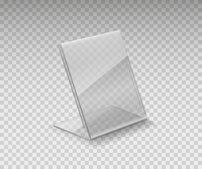 Stand, acrylic table tent, card holder isolated on transparent background. Vector empty flyer glass display. Plastic frame of photo or restaurant menu mock up - obrazy, fototapety, plakaty