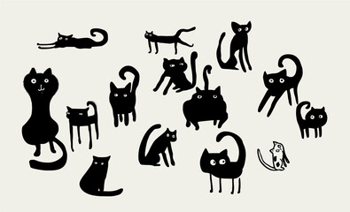 Set of funny black cats. Cartoon illustration.