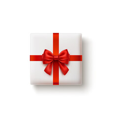 Gift box mock up top view with shadow isolated on white background. 3d present wrap package and red bow. Vector Christmas or New Yaer surprise element mockup