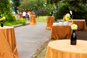 Table set for a wedding reception. Wedding decorations.