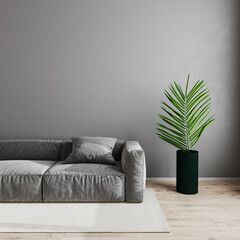 Modern living room interior background, scandinavian style living room mock up with gray sofa and green plant on wooden laminate floor, blank gray empty wall mockup, 3d render