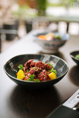 Asian marinated chicken in spicy sauce with daikon