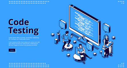 Code testing banner. Concept of search errors and bugs in software, quality control of website or app. Vector landing page of programming test with isometric computer screen and working people © klyaksun