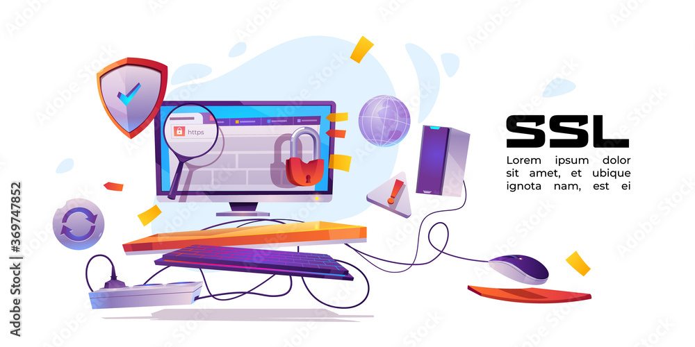 Poster ssl, secure certificate of website banner. concept of safety internet technology, data encryption pr