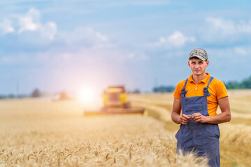 Naklejka na ściany i meble Farmer in wheat field with working combine in the background. Blue sky above.