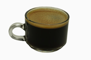 Black strong coffee with little foam, white separating background.