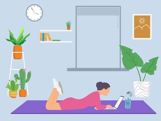 female character lying on the floor and typing on a laptop, working from home concept vector illustration