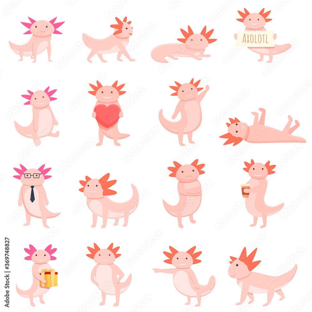 Poster axolotl icons set. cartoon set of axolotl vector icons for web design