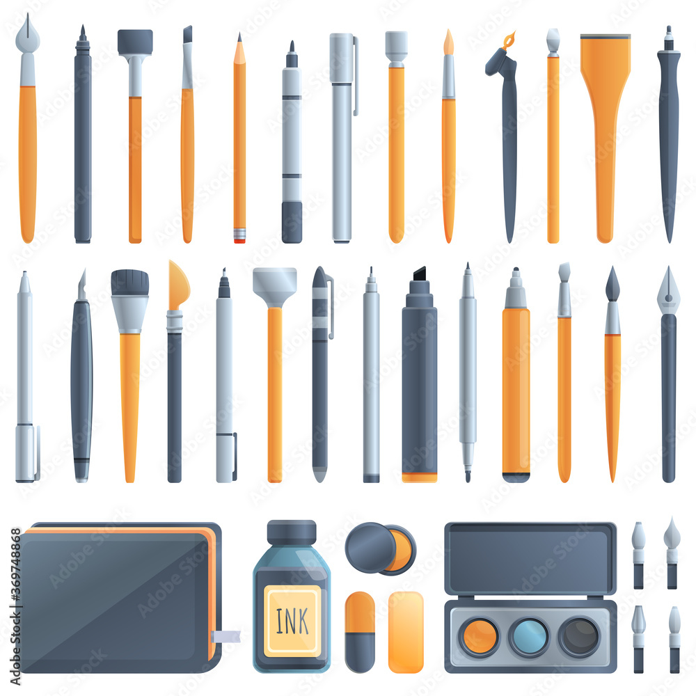 Poster calligraphy tools icons set. cartoon set of calligraphy tools vector icons for web design