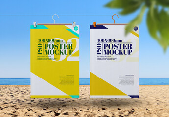 Poster Mockups Hanging on Clothesline in Summer Beach Scene