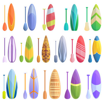 Sup surfing icons set. Cartoon set of sup surfing vector icons for web design