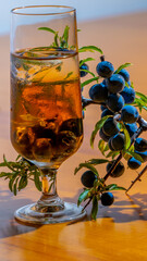 Still life of Pacharan of sloes homemade, with fresh sloe branch and liquor glass with homemade ice, bottom of pine wood