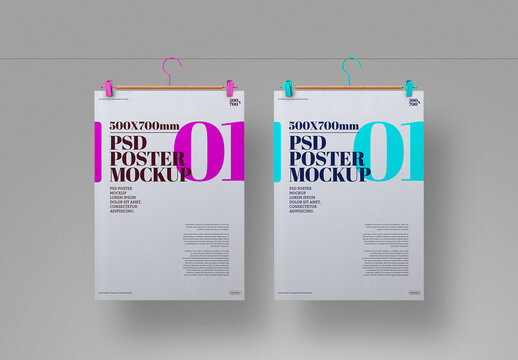 Posters Hanging on Clothesline Mockup
