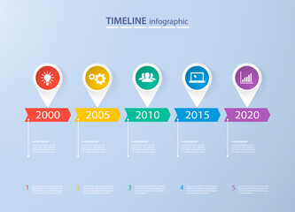 Infographics timeline template with realistic colorful circles for 5 steps and icons. Can be used for workflow layout, diagram, number options, step up options, web design, infographics, presentations