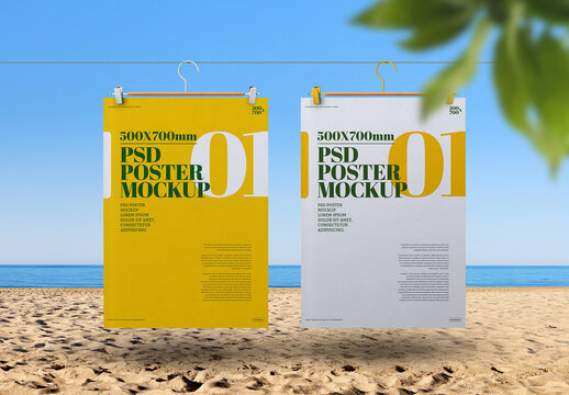 Poster Mockups Hanging on Clothesline in Summer Beach Scene