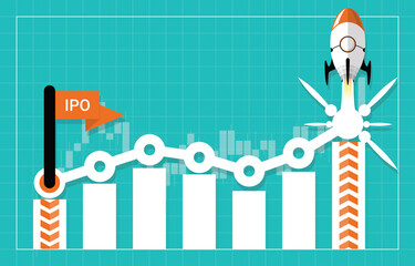 IPO or Initial Public Offering corporate stock market, company growth concept. Design by start flag, financial charts elements and rocket flying. Vector illustration of startup investment strategy